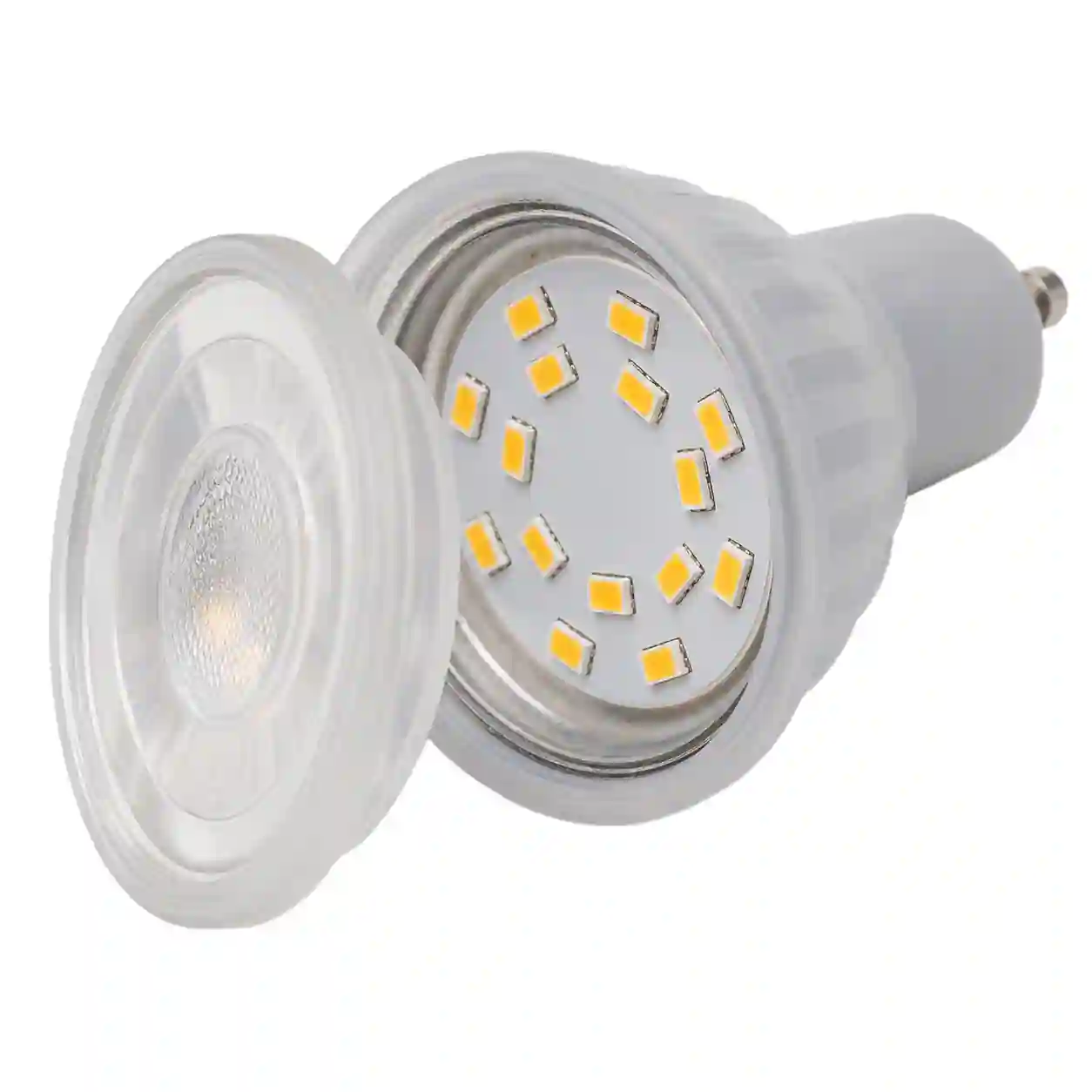 Detail LED čipů uvnitř reflektoru žárovky GU10